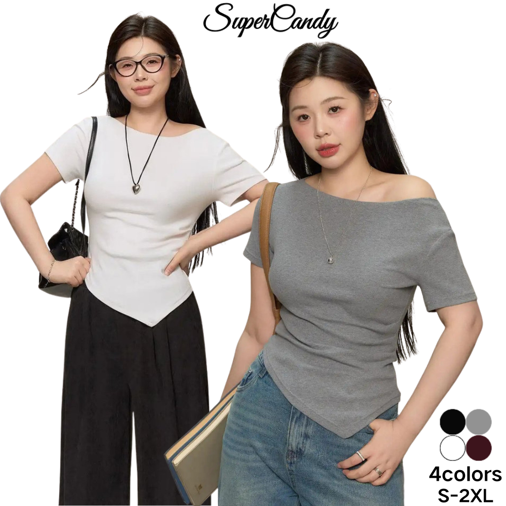 SuperCandy🌷เสื้อแขนสั้นไหล่เปิดดีไซน์ไม่สม่ำเสมอ ผ้าสบายสไตล์เซ็กซี่