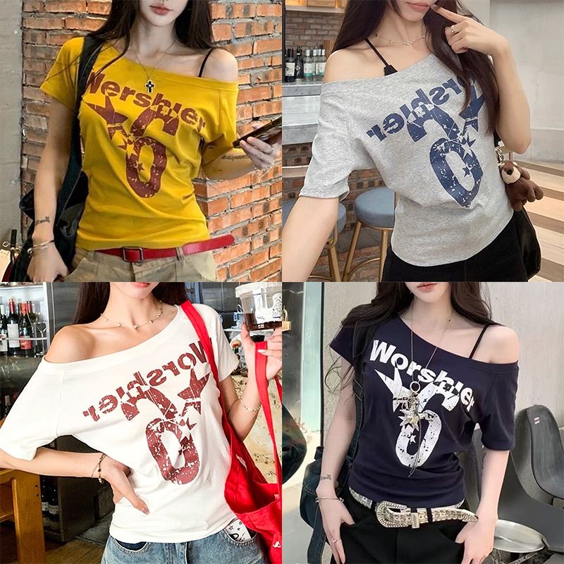 เสื้อยืดผู้หญิง เสื้อยืดปาดใหล่ สไตล์วินเทจ พิมพ์ลาย ปาดไหล่ ทรงหลวม
