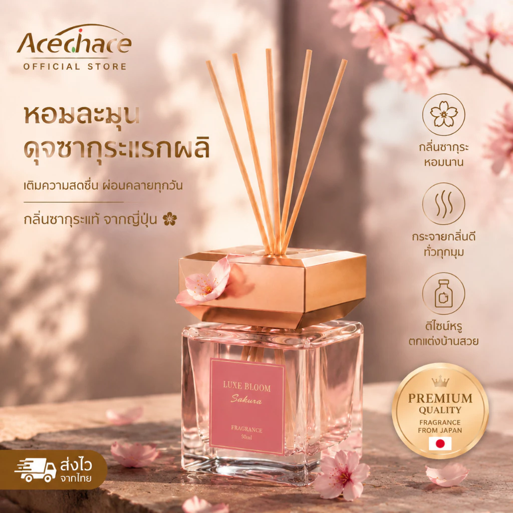 【กลิ่นซากุระญี่ปุ่น】ก้านไม้หอม กลิ่นแบรนด์ ขนาด 500 mlใช้ได้นาน 6 เดือนน้ำหอมปรับอากาศน้ำหอมก้านไม้
