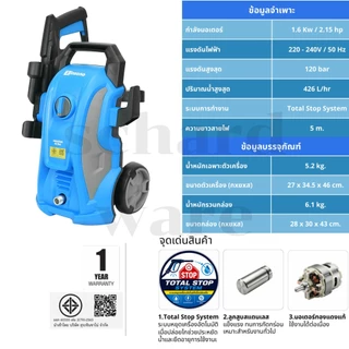 เครื่องฉีดน้ำแรงดันสูง เครื่องฉีดน้ำ 120 บาร์ พร้อมอุปกรณ์มาตราฐาน รุ่น Amazon Ultra ZINSANO