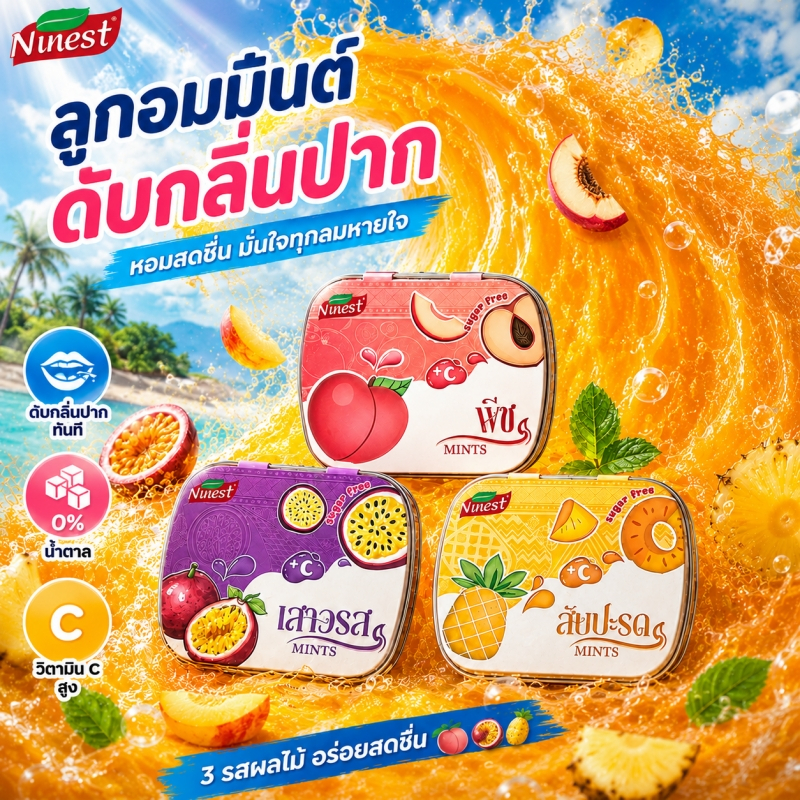 Ninest ลูกอมดับกลิ่นปาก ลูกอมมิ้นต์ ไม่มีน้ำตาล วิตามินซี ลมหายใจหอม สดชื่น รสพีช เสาวรส สับปะรด