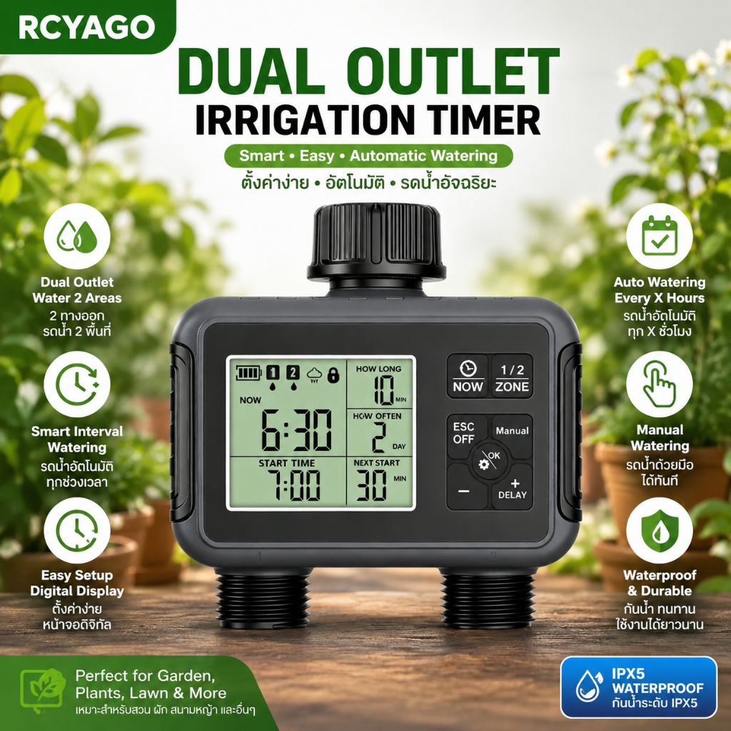 RCYAGO ตัวตั้งเวลารดน้ำอัตโนมัติ 2 โซน ปรับเวลาได้ พร้อมหน่วงฝน สำหรับสวนและสนาม การชลประทาน
