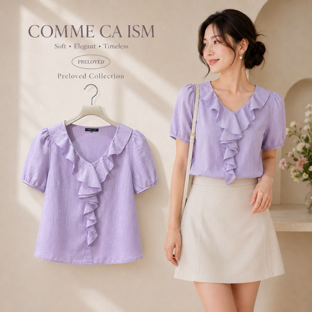 COMME CA ISM เสื้อเบลาส์ระบายคอ สีลาเวนเดอร์