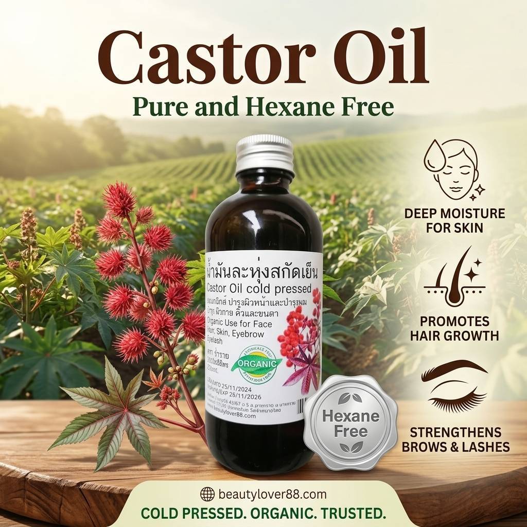 น้ำมันละหุ่ง 250มล สกัดเย็นออแกนิกส์ ขวดแก้ว เพียว100% Castor oil cold pressed organic 250ml glass bottle Hexane Free