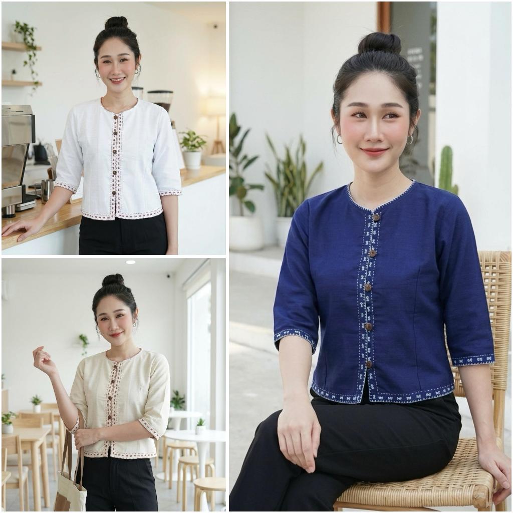 เสื้อผ้าฝ้ายผู้หญิง ปักลายนาฬิกาทราย งานปักมือ Handmade ผ้าฝ้ายชินมัย
