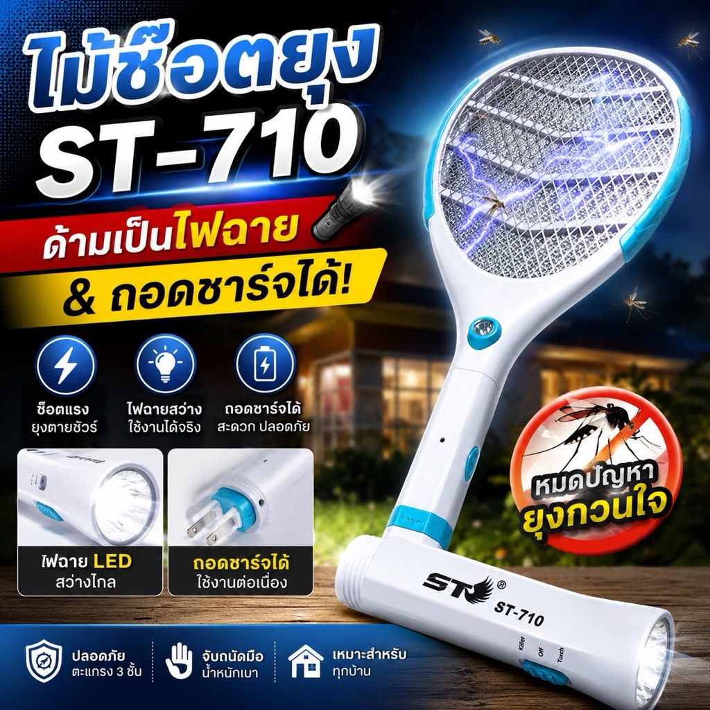 **พร้อมส่ง**ไม้ตียุง ไม้ตียุงไฟฟ้า ไม้ช๊อตยุงไฟฟ้า ST 710 ถอดด้ามชาร์ทได้ ไม้ช็อตยุงไฟฟ้า 2 in 1 มีไฟฉายในตัว