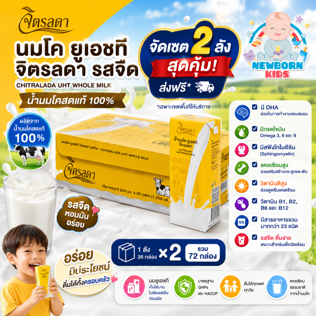 (ขายยกลัง 36 ก.) นมยูเอชที จิตรลดา นมวัวแท้ 100% ไม่ผสมนมผง รสจืด
