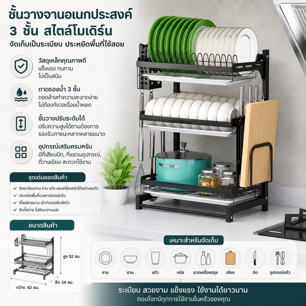 ชั้นวางของในครัวสีดำ ชั้นวางจานสแตนเลสสำหรับใช้ในครัวเรือน ชั้นวางจาน ชั้นวางของติดผนังอเนกประสงค์ ชั้นและ3ชั้น🍽️