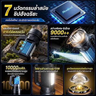 🔦รับประกัน30ปี 🔦ไฟฉายแรงสูง แสงยิงไกลถึง100000เมตร ชาร์จพลังอาทิตย์ นฝนกันน้ำ ทนทาน ไฟฉายสปอตไลท์ ไฟฉายพกพา