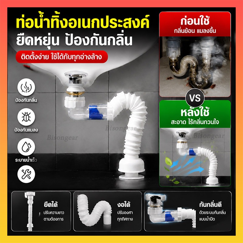 ท่อย่น/ท่อน้ำทิ้ง สีขาว กันกลิ่น กันแมลงสแตนเลส ABS เชื่อมต่ออ่างล้างหน้าล้น ท่อระบายน้ำใต้อ่างล้างหน้า พร้อมสะดืออ่าง