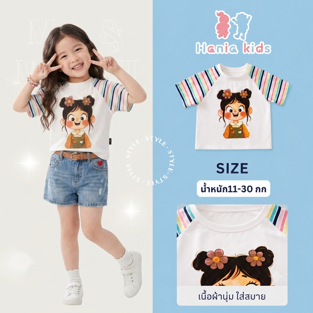 Hania Kids พร้อมส่ง เสื้อยืดลายเด็กผู้หญิง สีรุ้ง เสื้อยืดสำหรับเด็กผู้หญิง ผ้าฝ้าย  K5125785