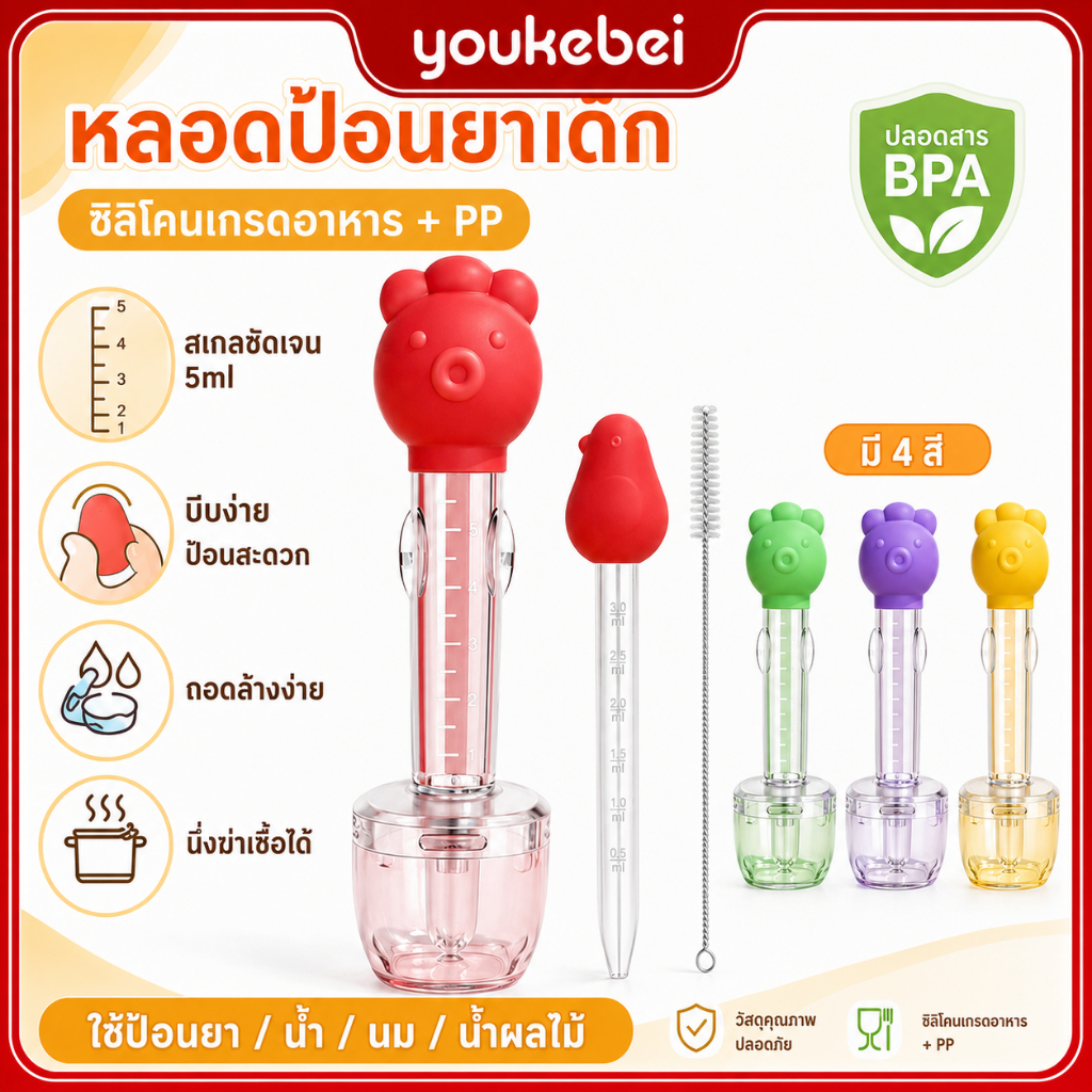 Youkebei อุปกรณ์ให้ยาทารก ซิลิโคนเกรดอาหาร คล้ายนมแม่ ป้องกันสำลัก กันรั่ว ถอดล้างได้