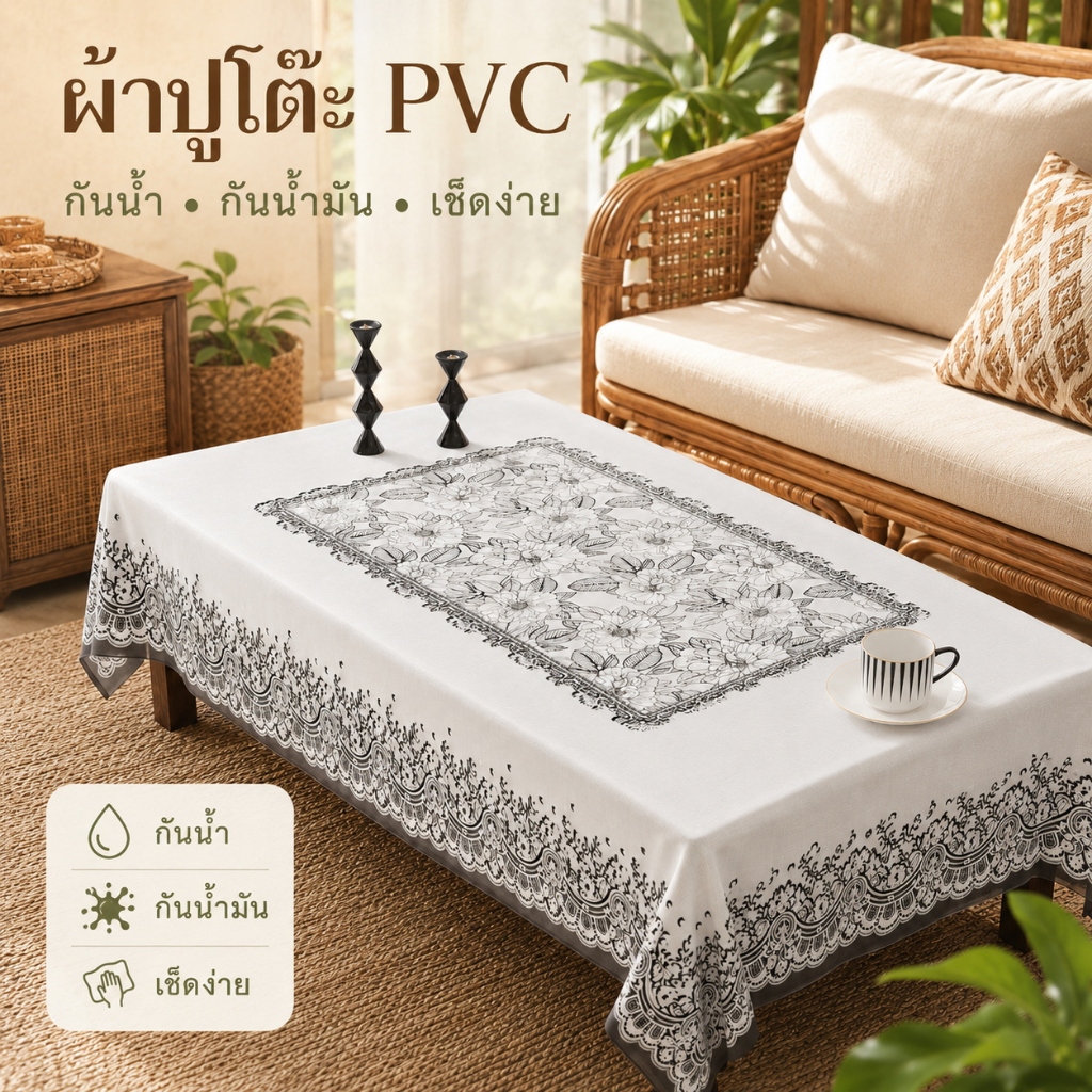 ผ้าปูโต๊ะ/ผ้าปูโต๊ะกาแฟ PVC ลายดอกไม้เรียบง่าย ไม่มีกลิ่น ทนน้ำมัน ทำความสะอาดง่าย ขนาด 90*150 ซม มีหลายแบบให้เลือก