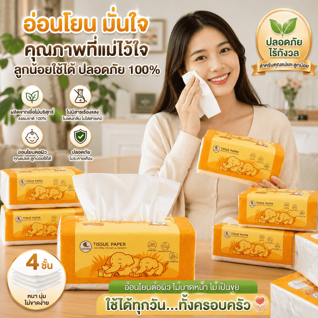 🔥👩‍🍼🔥กระดาษทิชชู่ 4 ชั้น เยื่อไม้บริสุทธิ์ อ่อนโยนต่อผิว ปลอดภัยสำหรับแม่ท้องและเด็ก หนานุ่ม ซับดี ไม่เป็นขุย