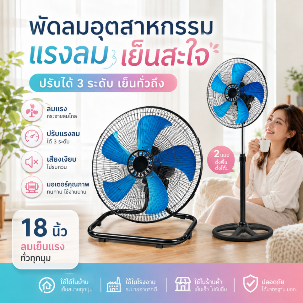 พัดลม 18 นิ้ว พัดลมอุตสาหกรรม แรง อุตสาหกรรม 3 สปีด เงียบ มอเตอร์ทนทาน ใช้ได้หลายสถานที่ ลมเย็นแรง
