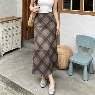 JJ Shop​💜พร้อมส่ง กระโปรงผู้หญิงลายจุดครึ่งตัว, กระโปรงทรงดินสอลายตาราง, แบบยาว, ผ้านุ่ม -FY5181