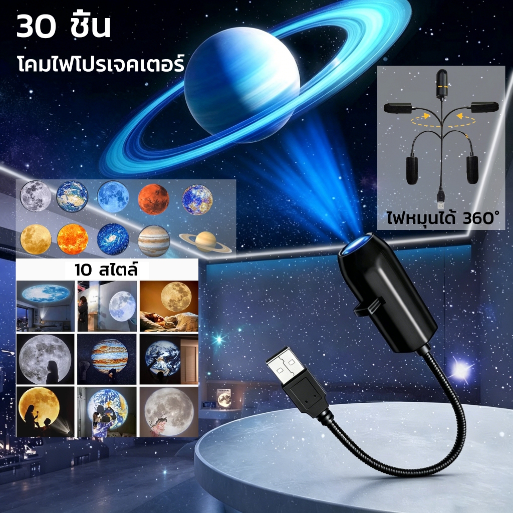 30pce โคมไฟดาว โคมไฟโปรเจคเตอร์  ดาว โปรเจคเตอร์ท้องฟ้า หมุนได้ USB ไฟห้องนอน ไฟตกแต่ง ไฟ LED เปลี่ยนลาย 10 แบบ