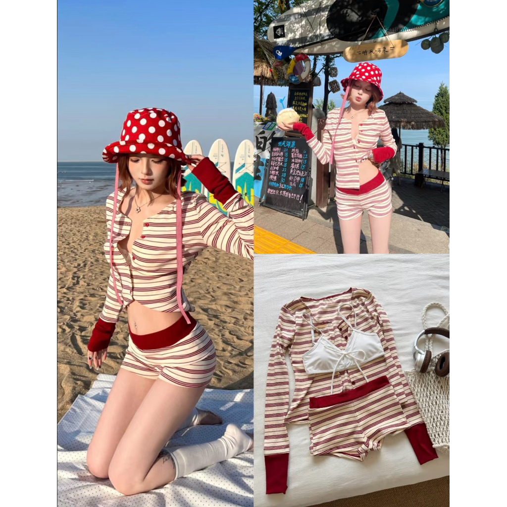 [พร้อมส่ง]Berry Red Set🍓ชุดว่ายน้ำเซต ทูพีชเซต บิกินี่ริ้ว+เสื้อแขนยาวคลุม
