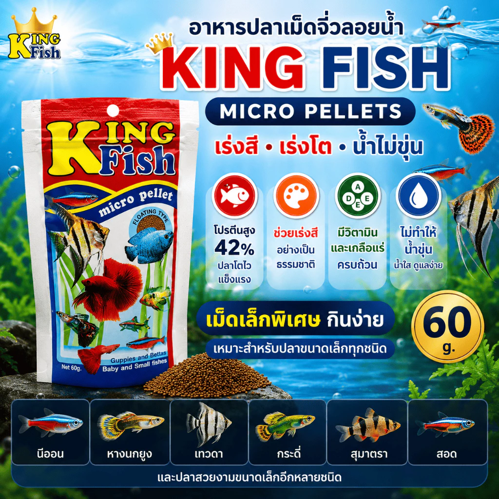 King Fish Micro Pellets อาหารปลาเม็ดเล็กลอยน้ำ เร่งสี เร่งโต สำหรับหางนกยูง นีออน เทวดา 60g