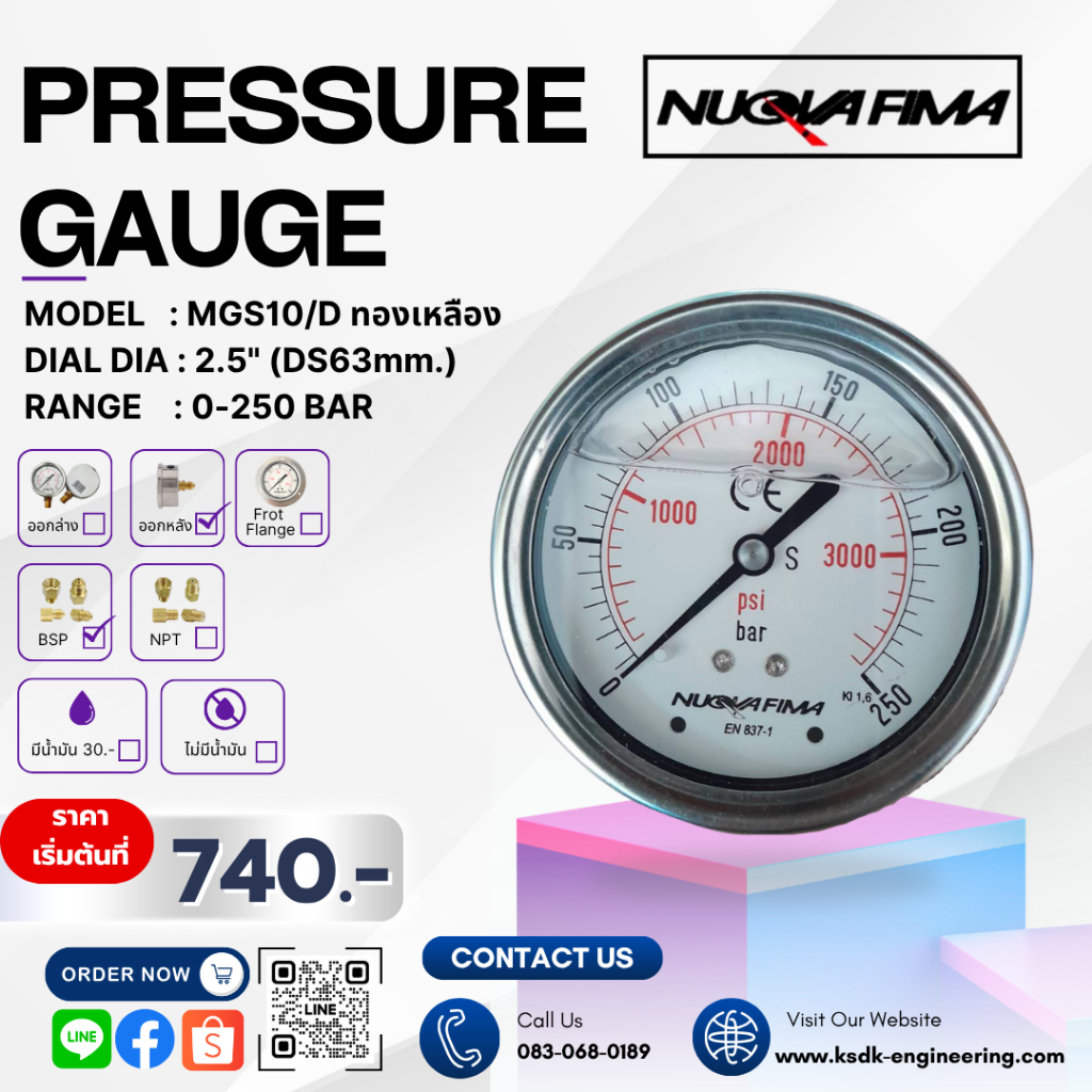 MGS10/D DS63 0-250 BAR หน้าปัด 2.5" ออกหลัง BSP ทองเหลือง ไม่มีปีก