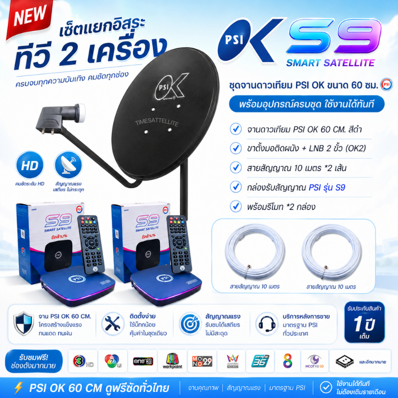 (ชุดขายดี แยกอิสระ2จุด)ชุดจานดาวเทียมPSI 60 cm.+กล่องPSIรุ่นS9 2 จุด+ พร้อมสาย10เมตร 2 เส้น
