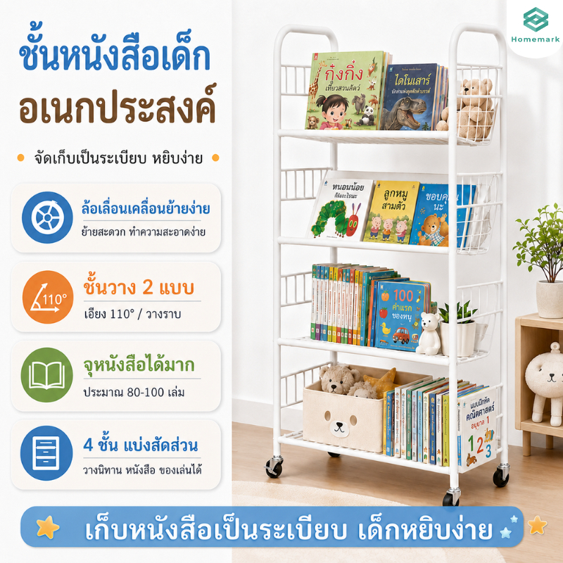 Homemark ชั้นวางหนังสือเด็ก 3/4 ชั้น 70x30x112/150cm อเนกประสงค์ พร้อมล้อ จัดเก็บหนังสือ ของเล่น เคลื่อนย้ายง่าย