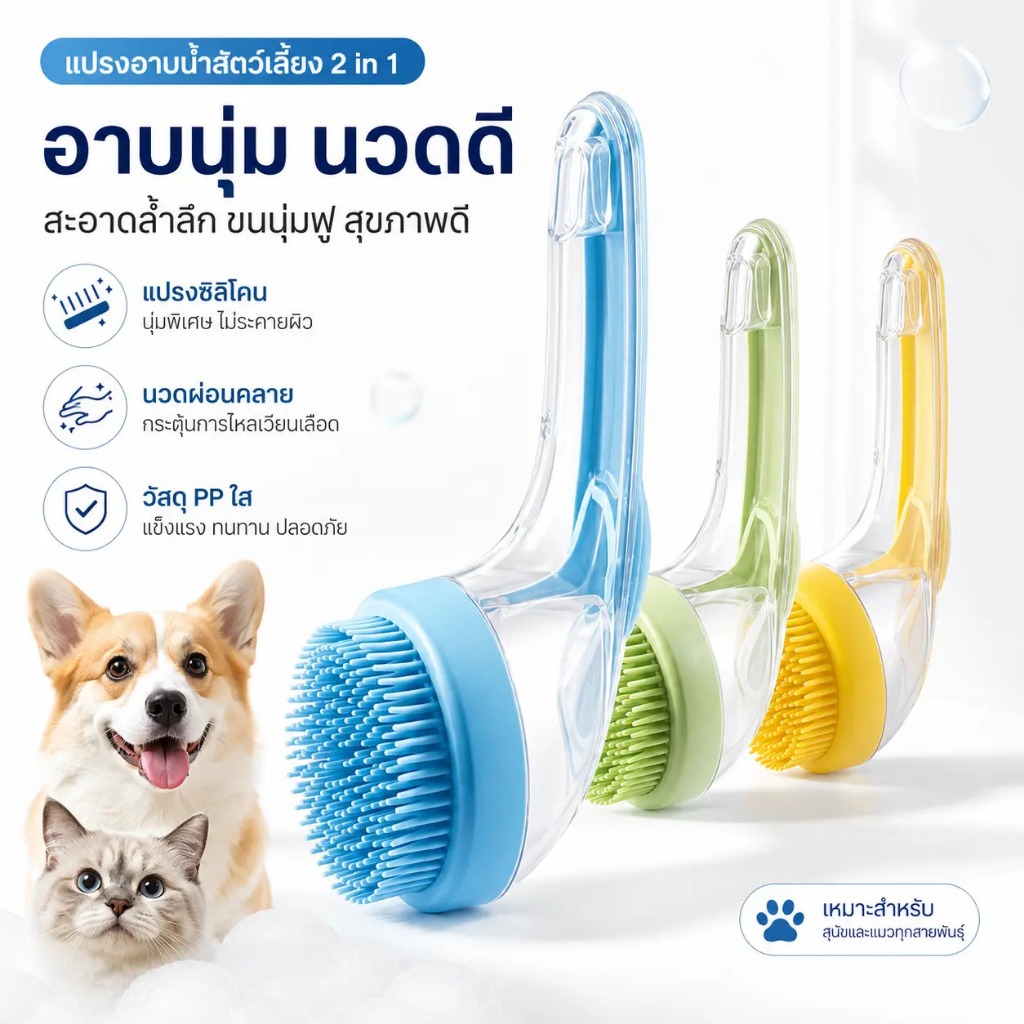 🐶COD😸แปรงทำความสะอาดสัตว์เลี้ยงด้ามยาว ซิลิโคนนุ่ม ไม่ทำร้ายผิว ใส่แชมพู สบู่อาบน้ำได้ แปรงอาบน้ำซิลิโคน