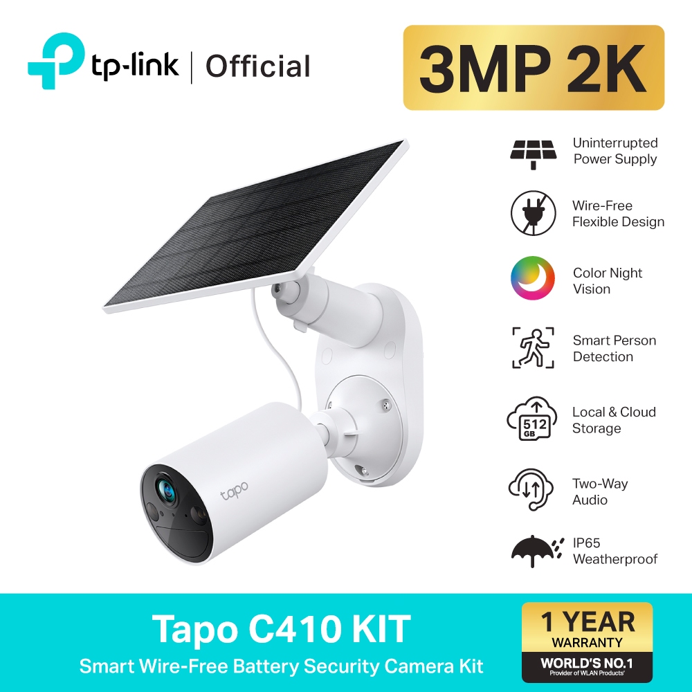 TP-Link Tapo C410 KIT ชุดกล้องวงจรปิด คมชัด 2K 3MP พร้อมแผงโซล่าร์เซลล์ Solar-Powered Security Camera Kit