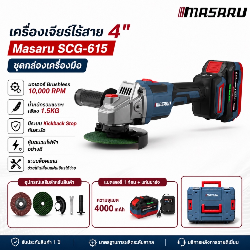 เครื่องเจียรไร้สาย MASARU SCG-615 พร้อมกล่องเครื่องมือ แบตเตอรี่ PowerTURBO 20V ใช้งานสะดวก