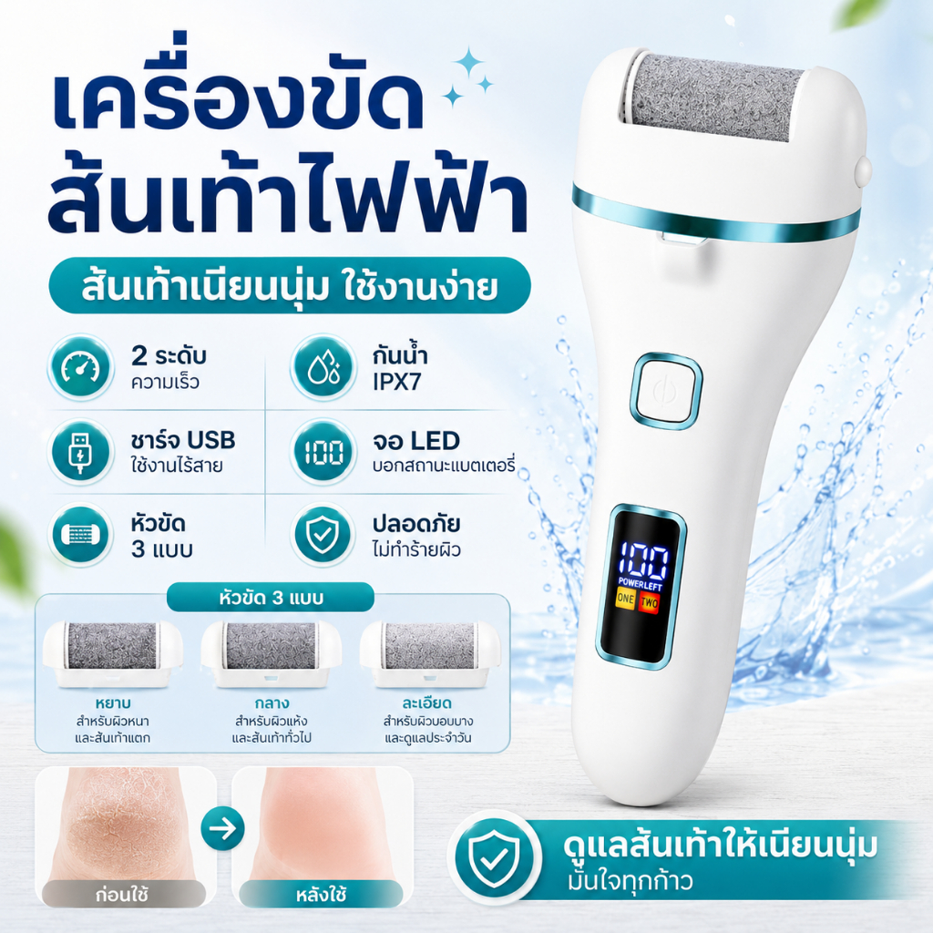 INSMART เครื่องขัดส้นเท้าไฟฟ้า แก้ส้นเท้าแตก ขจัดหนังด้าน ชาร์จ USB 3หัวขัด