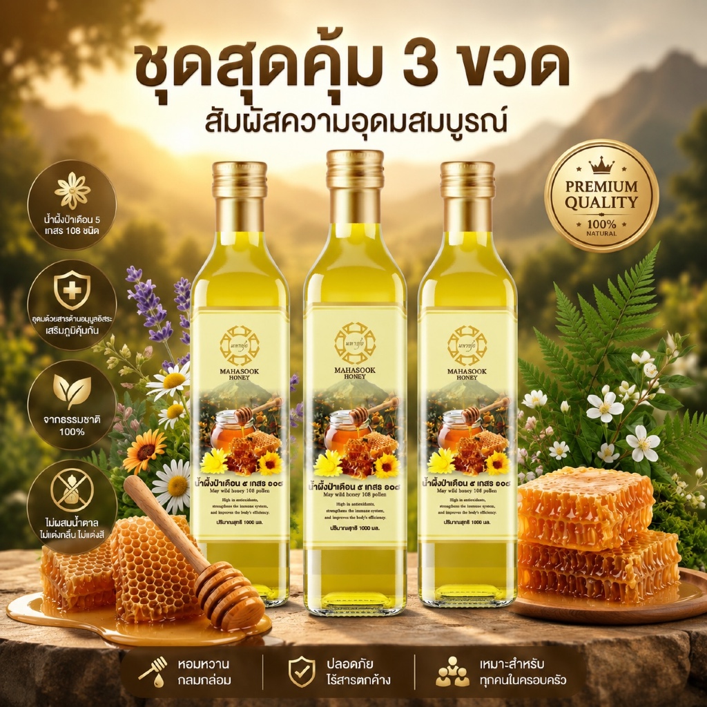 โปร 3 ขวดสุดคุ้ม น้ำผึ้งป่าธรรมชาติ MAHASOOK น้ำผึ้งป่าเดือน 5 แท้ 100% สุขภาพดี น้ำตาลต่ำ
