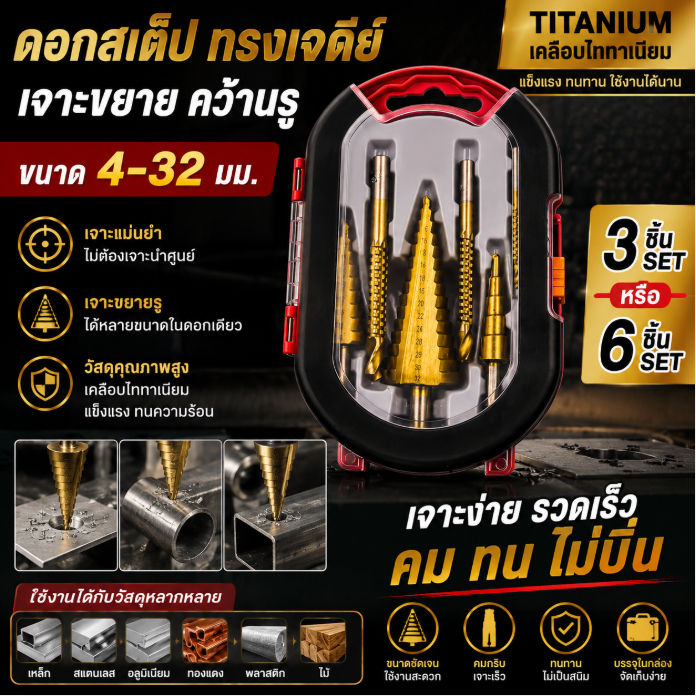 ดอกสเต็ปเจาะขยาย Titanium ขนาด 4-32 มม. Step Drill ทรงเจดีย์ 3/6 ชิ้น เจาะโลหะไม้