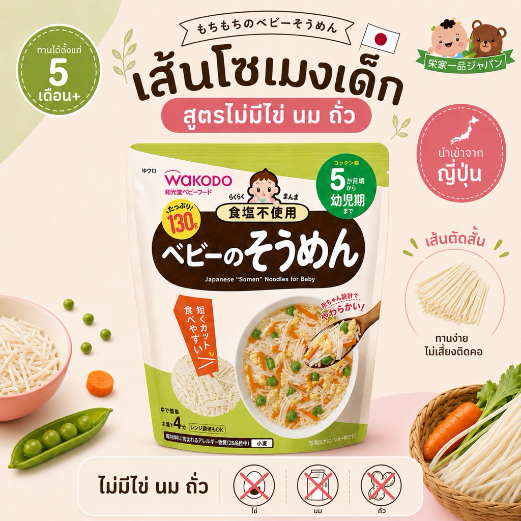 Wakodo เส้นโซเมงเด็ก (5m+) ไม่มี ไข่ นม ถั่ว