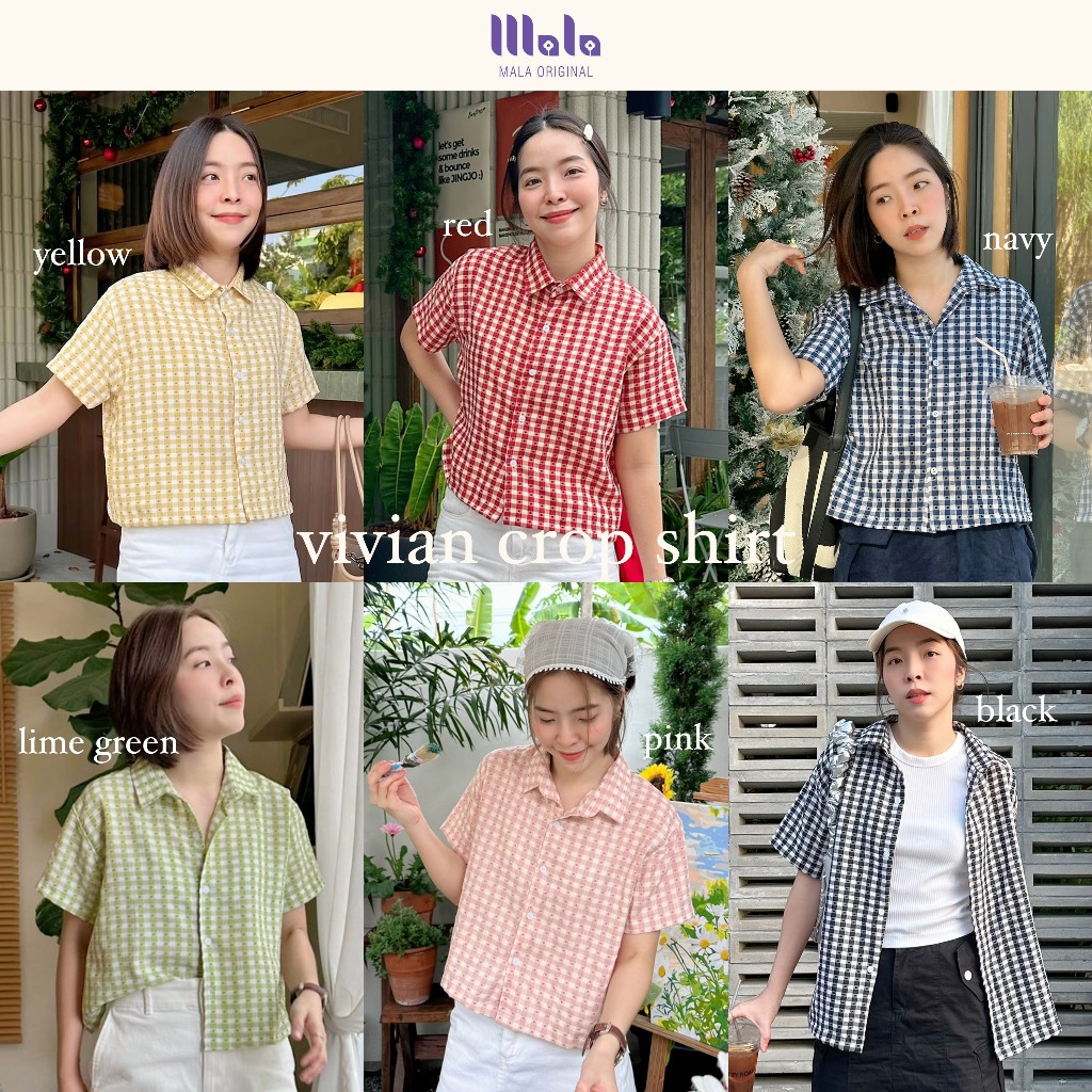 MalaOriginal | Vivian Crop Shirt 🥐 เสื้อเชิ้ตครอป แขนสั้น ไม่ต้องรีด ลายสก็อต ผ้ามีเทคเจอร์ในตัว ปักปุยๆ