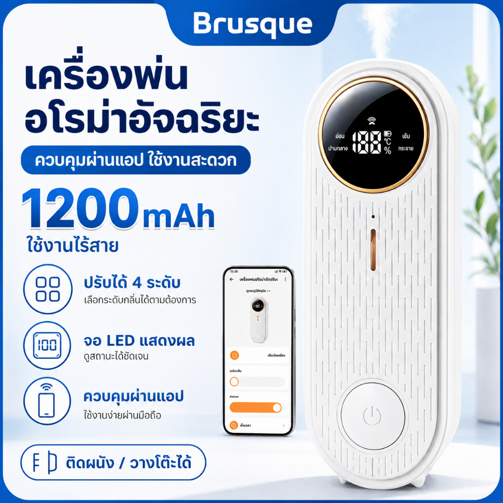 เครื่องพ่นอโรม่าอัจฉริยะ 1200mAh เครื่องพ่นน้ำหอมอัตโนมัติไร้สาย ควบคุมผ่านแอป ปรับได้ 4 ระดับ จอ LED ติดผนัง/วางโต๊ะได้
