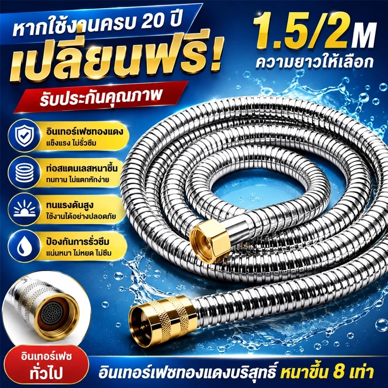 สายฝักบัว 1.5-2 เมตร สแตนเลส SUS304 สายชำระ ถึกทน ไม่รั่ว ไม่ซึม ทนต่อแรงดัน สายเครื่องทำน้ำอุ่นน้ำออกน้ำเข้า2ชั้น มีลาย