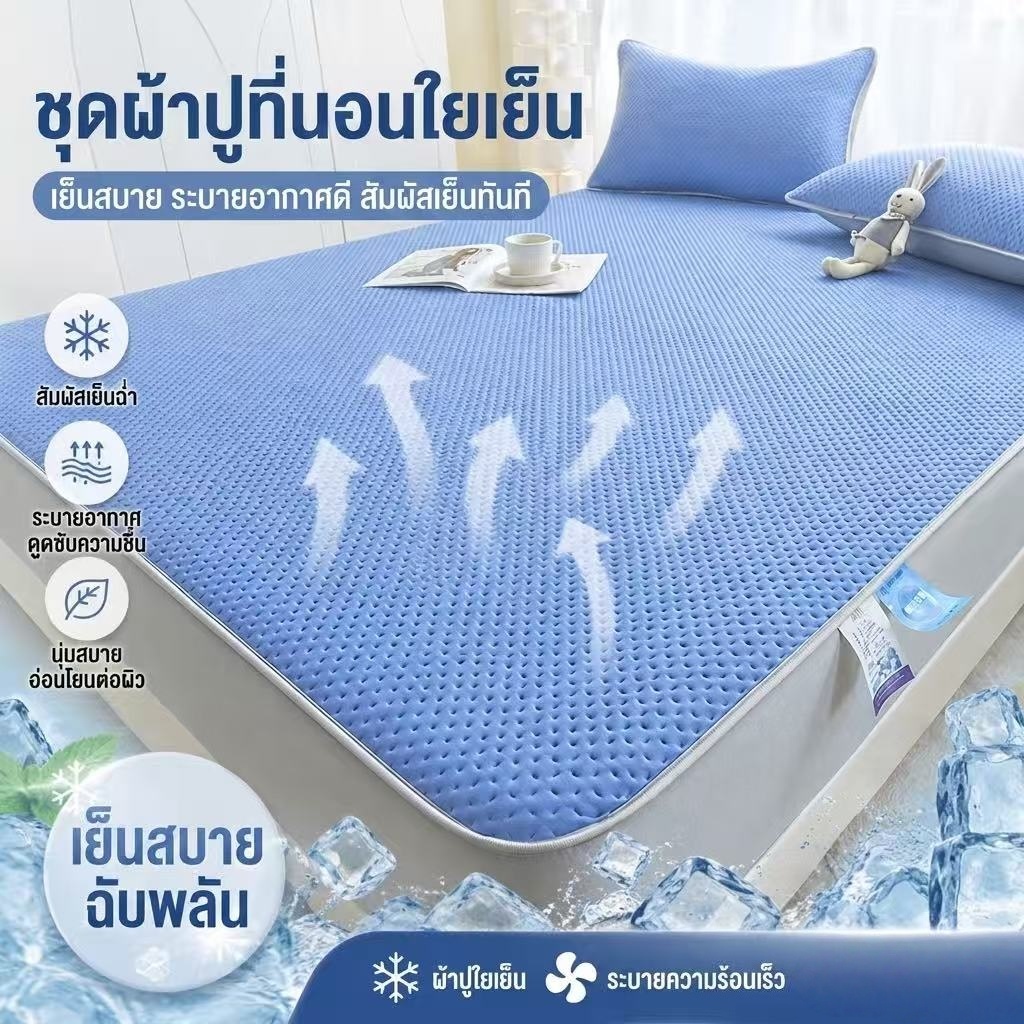เซตผ้าปูที่นอนไหมน้ำแข็ง พร้อมปลอกหมอน ผ้าปูเย็นยางยืดรัดมุม สำหรับฟูกเตียง 3/3.5/5/6/6.5 ฟุต เย็นสบาย ถอดซักง่าย