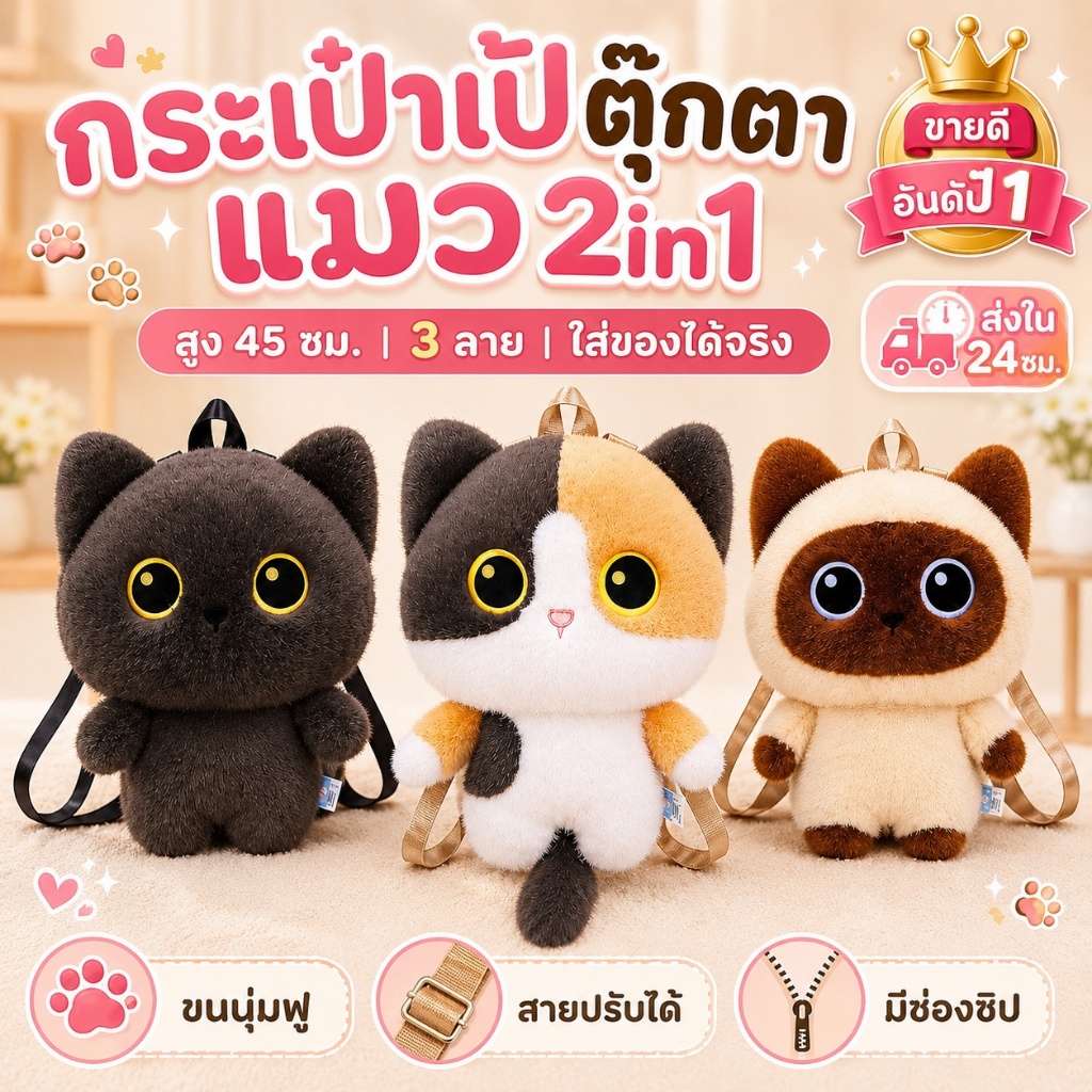 กระเป๋าเป้ตุ๊กตาแมว 45ซม. ขนนุ่ม ตาโต กระเป๋าเด็ก สายปรับได้ มีช่องซิป ของขวัญเด็ก