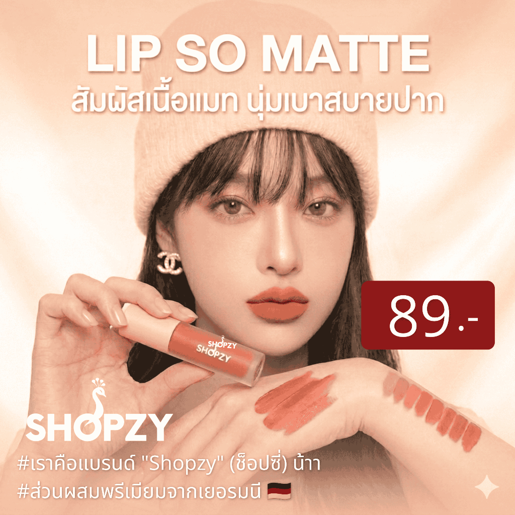 SHOPZY LIP SO MATTE ลิปแมท ลิปแมตต์ ลิปโซแมทช็อปซี่! สีสวยชัด ติดทน กันน้ำ ไม่ตกร่อง ดูชุ่มชื้น ราคา 89.- (ปกติ 199.-)