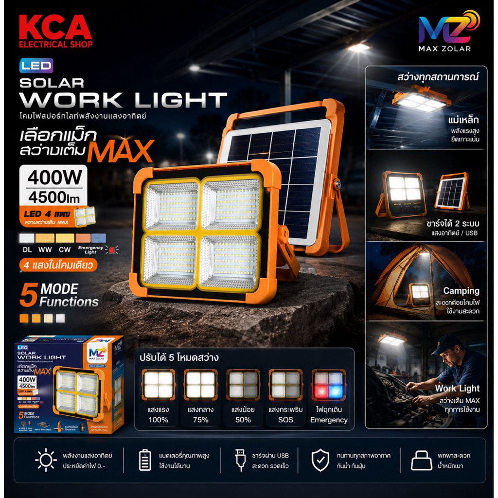 ไฟสปอร์ตไลท์โซล่าเซลล์ Max Zolar 400W LED Solar Work Light ชาร์จแสงอาทิตย์ USB ไฟฉุกเฉิน 5 โหมด กันน้ำ พกพาได้