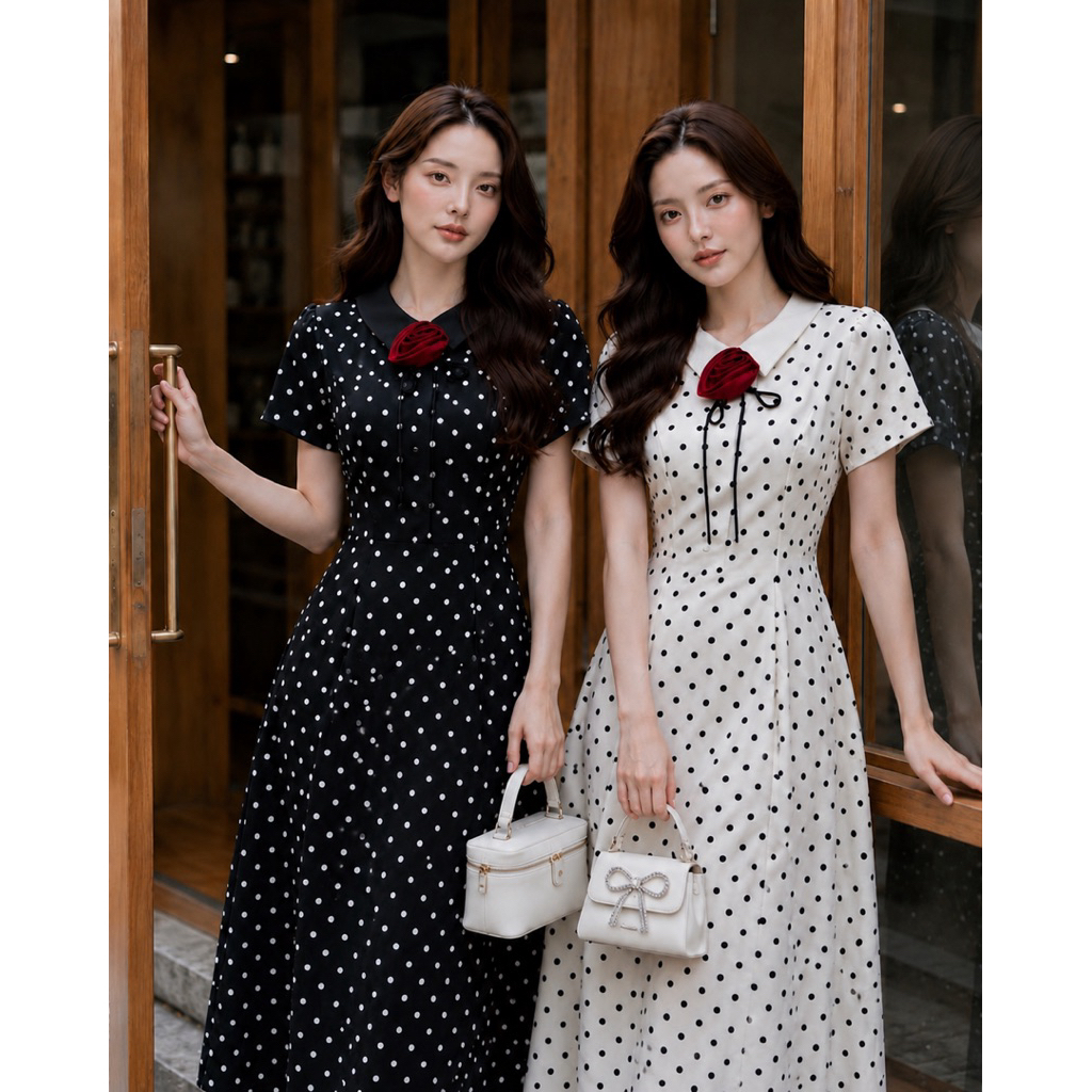 303 REEYA Polkadot Dress เดรสลายจุดคอปก+เข็มกลัดดอกไม้