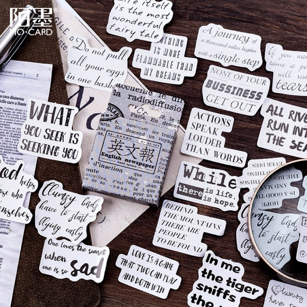 <พร้อมส่ง> สติ๊กเกอร์ แบบกล่อง 🗞️ ตัวอักษร ข้อความ 💬 46ชิ้น หนังสือพิมพ์ Newspaper Calligraphy Text Quote เทปวานิช