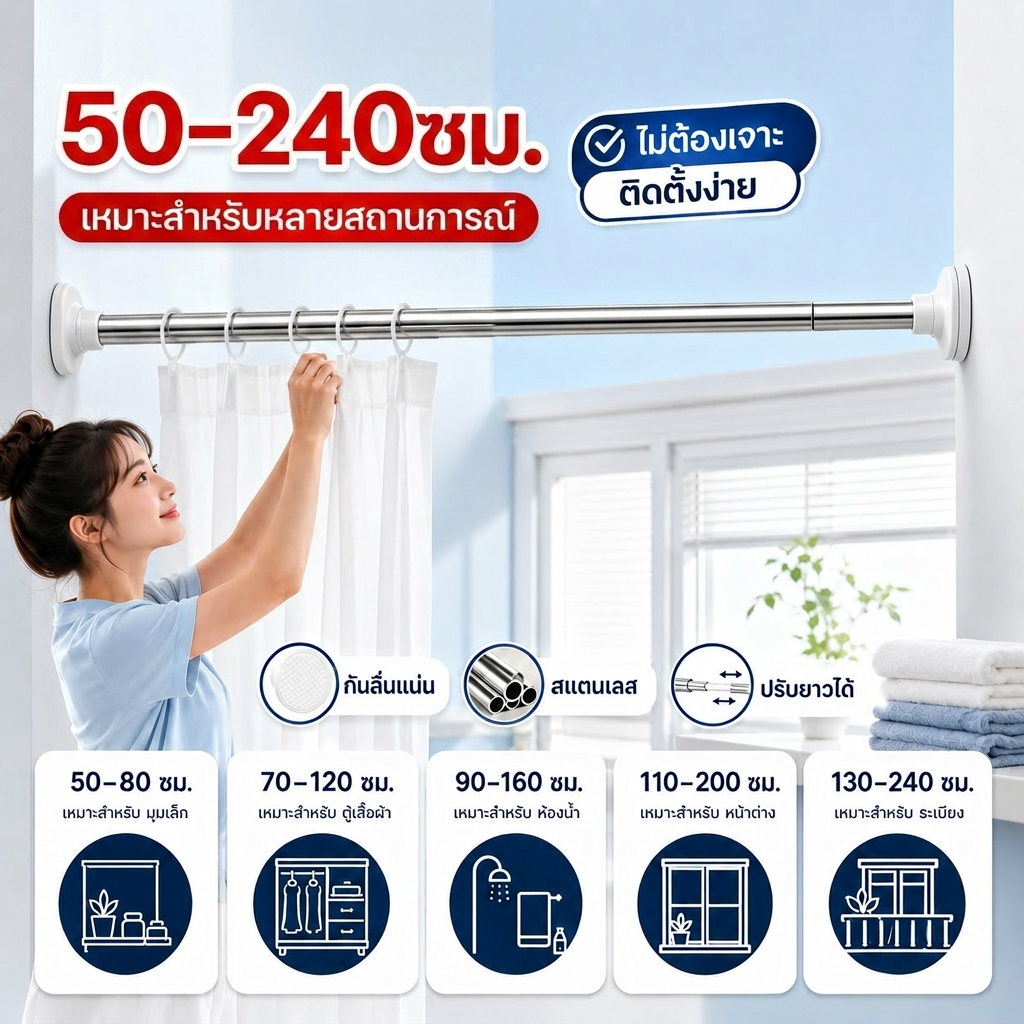 【COD】ราวม่าน/ราวตากผ้า สแตนเลส ปรับขนาดได้ 50–220 ซม. ยืดหดได้ ไม่ต้องเจาะผนัง แข็งแรง