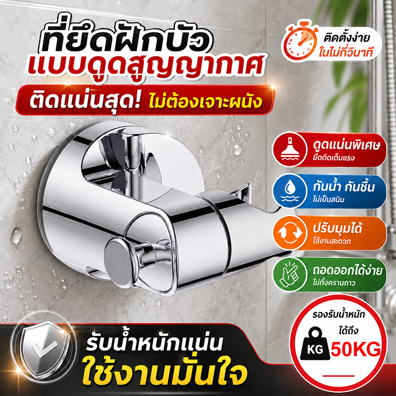 ดูดสูญญากาศ ติดแน่นไม่หลุดง่าย ที่แขวนฝักบัว แบบไม่ต้องเจาะผนัง ที่ยึดฝักบัว ปรับมุมได้ ที่แขวนฝักบัวอาบน้ำ ที่จับฝักบัว