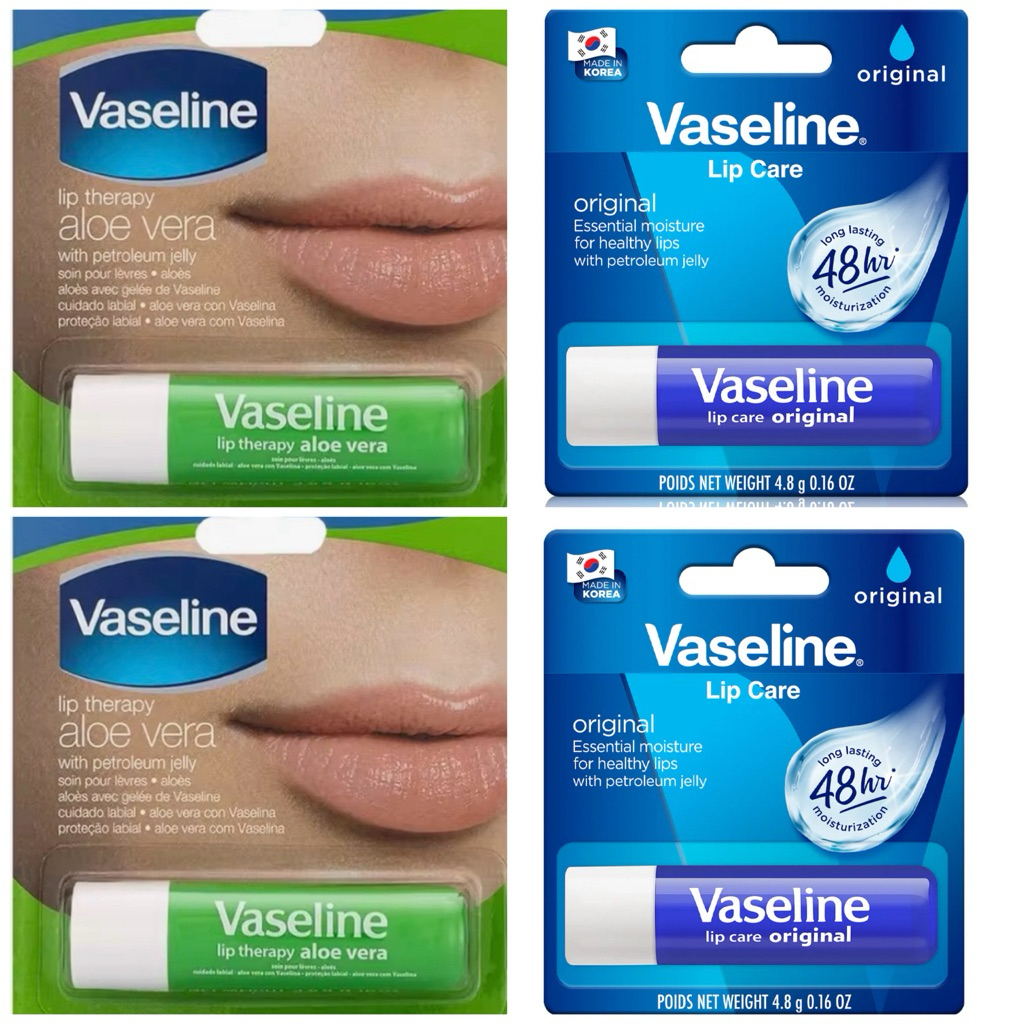 ซื้อ1แถม3(รวม4แท่ง)ลิปบาล์ม VASELINE LIP THERAPY 4.8 กรัม สีน้ำเงินexp.16/4/2028 สีเขียวexp.17/10/2027