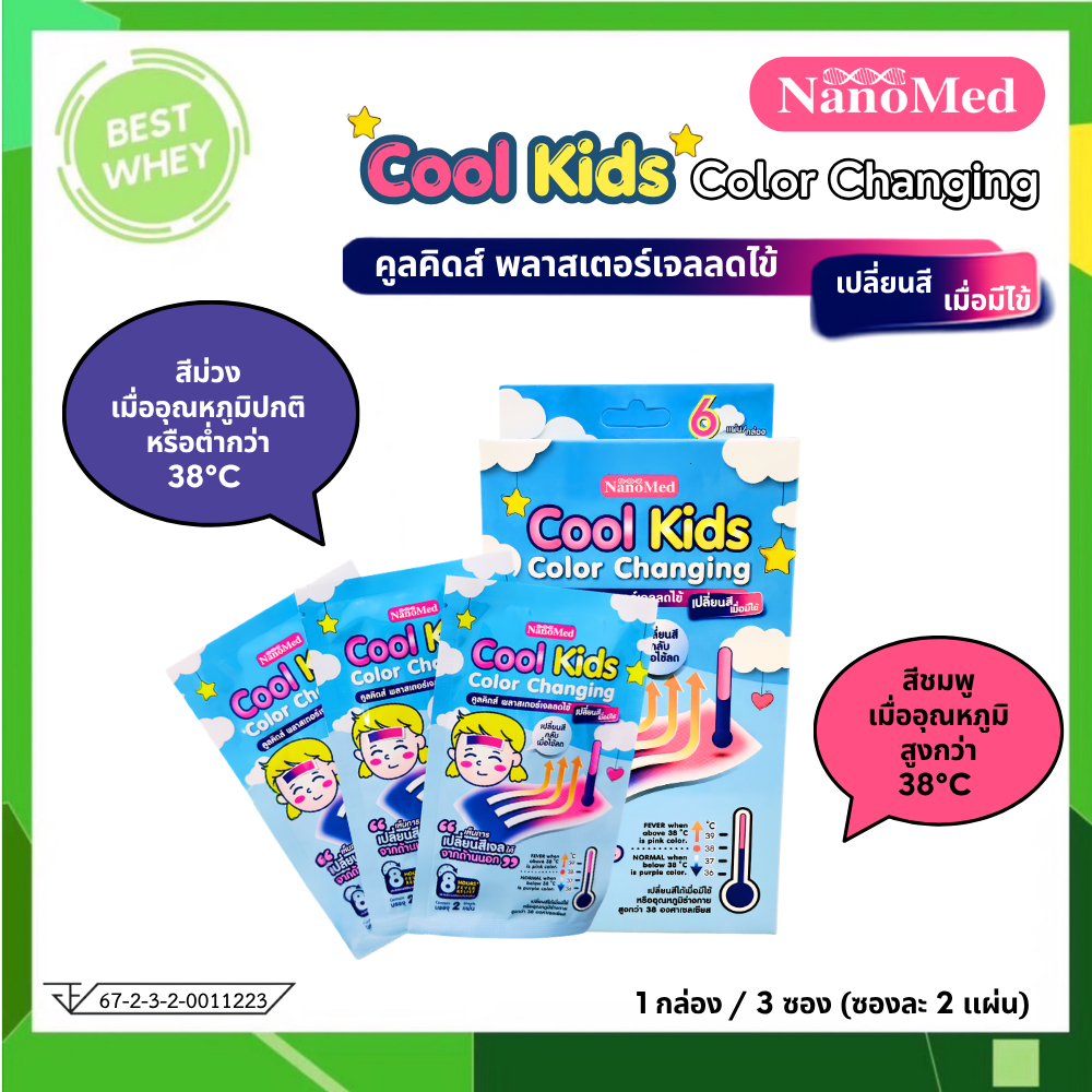 เจลลดไข้เปลี่ยนสีเมื่อมีไข้ NanoMed Cool Kids Color Changing 1 กล่อง / 3 ซอง (ซองละ 2 เเผ่น) (7385)