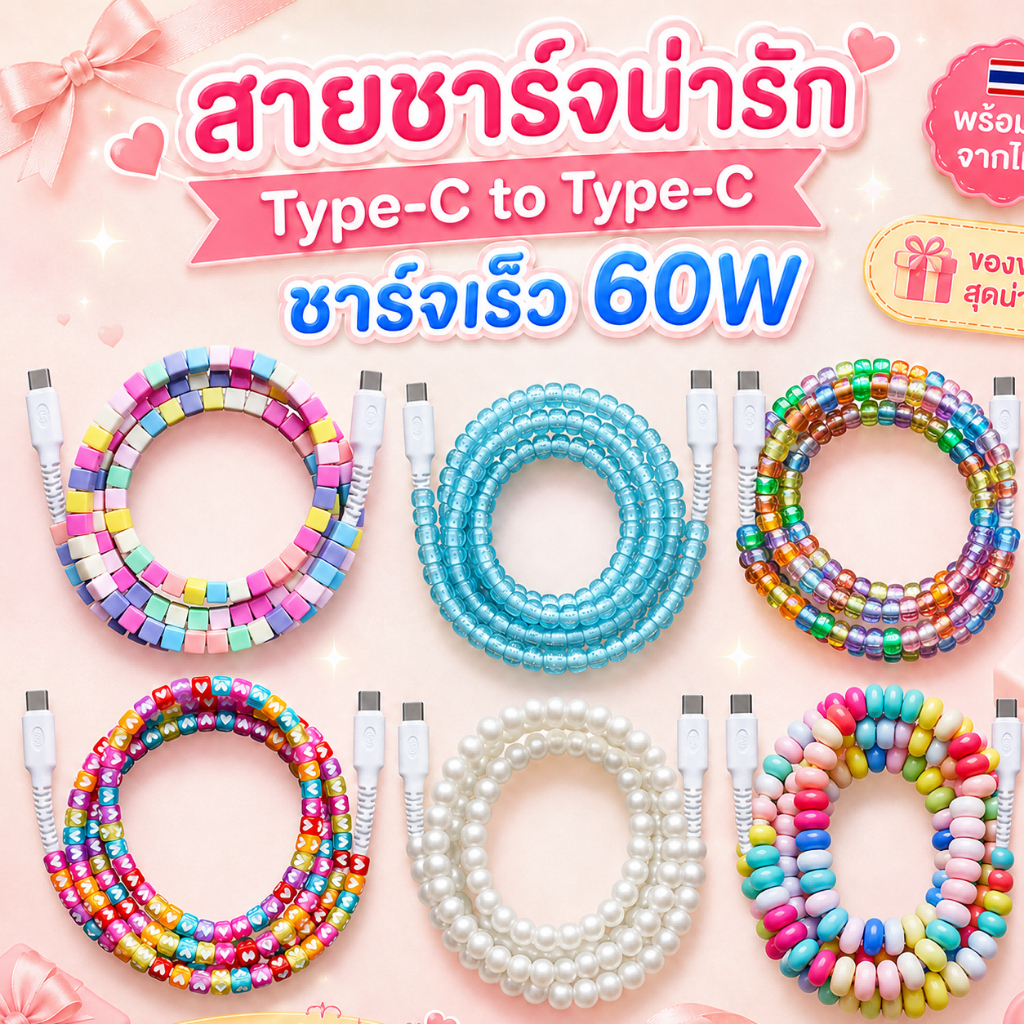 🚚ส่งจากไทย🚚  สายชาร์จ ลูกเต๋าพาสเทล สายชาร์จ Type-C to Type-C 60W ลูกเต๋าหลากสี น่ารัก สดใส