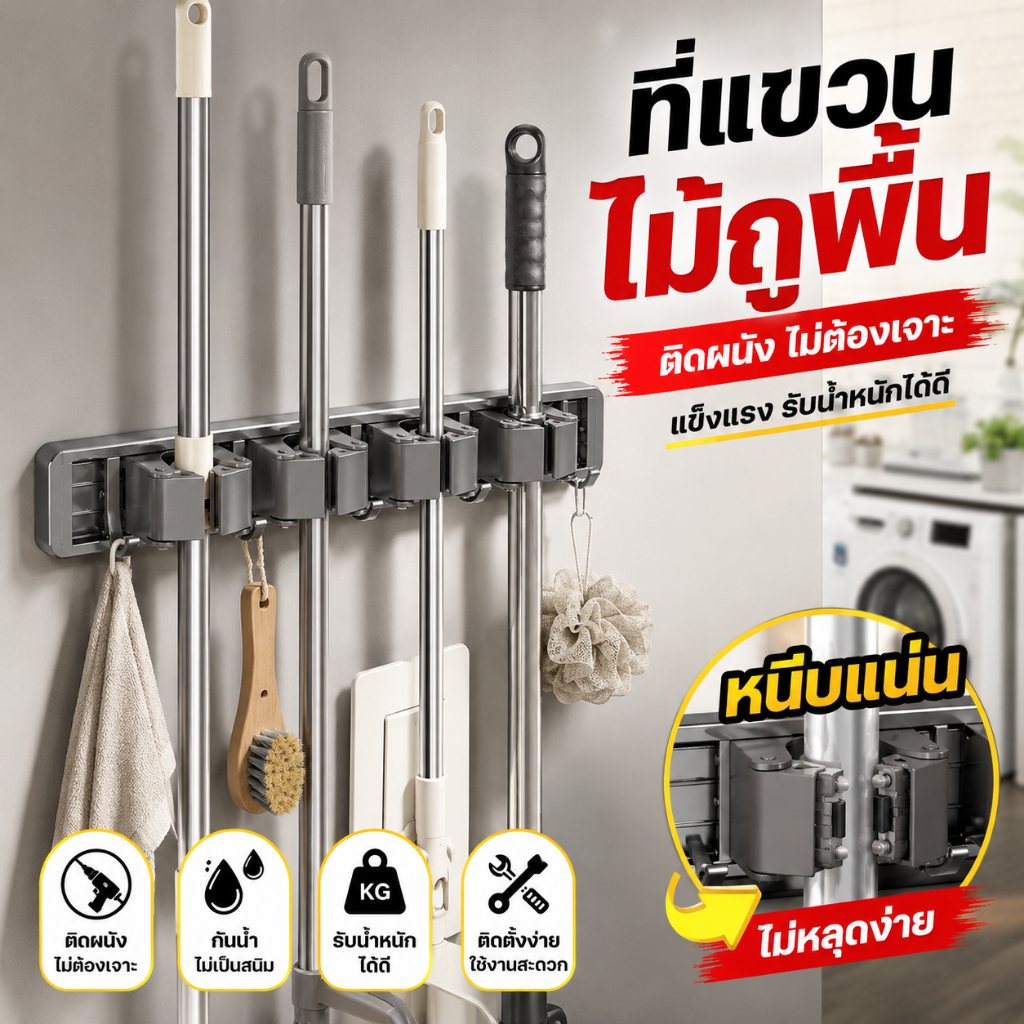 🏆EasyFixติดผนัง ที่หนีบไม้ถูพื้น ที่แขวนไม้กวาด ไม่ต้องเจาะ ที่แขวนไม้ถูพื้นแบบติดผนัง คลิปติดผนังไม้ถูพื้น