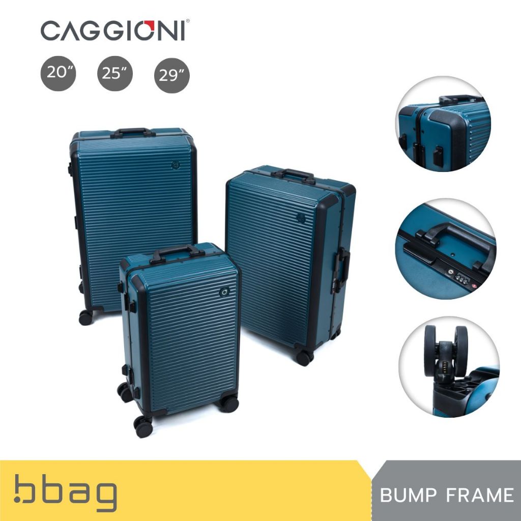 Caggioni กระเป๋าเดินทาง รุ่น Bump Frame 24101 (บั๊มฟ์เฟรม) เฟรมอลูมิเนียม ล้อคู่โช๊คสปริง PC 100% ประกัน 3 ปี [เขียว]