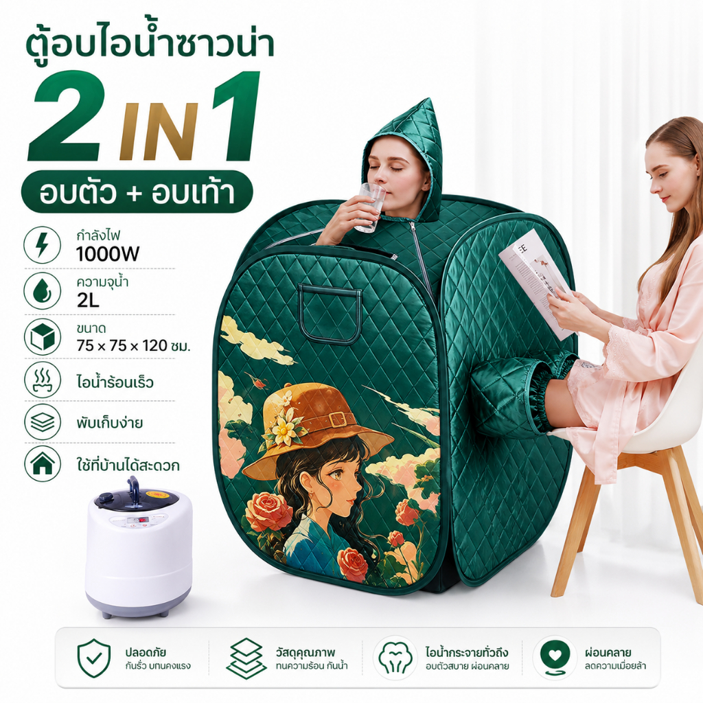 ตู้อบไอน้ำสมุนไพร 2in1 อบตัว อบเท้า พร้อมหม้ออบไอน้ำ 1000W ความจุ 2L พับเก็บได้ ใช้ที่บ้าน